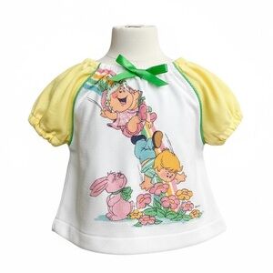 VINTAGE 70s 80s Novelty Graphic T-Shirt Top Rainbow Kids Bunny Yellow 12 Months